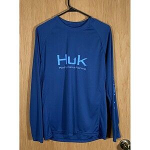 HUK Performance Fishing Long Sleeve Shirt Base Layer Blue Spellout Men's Sz Sm